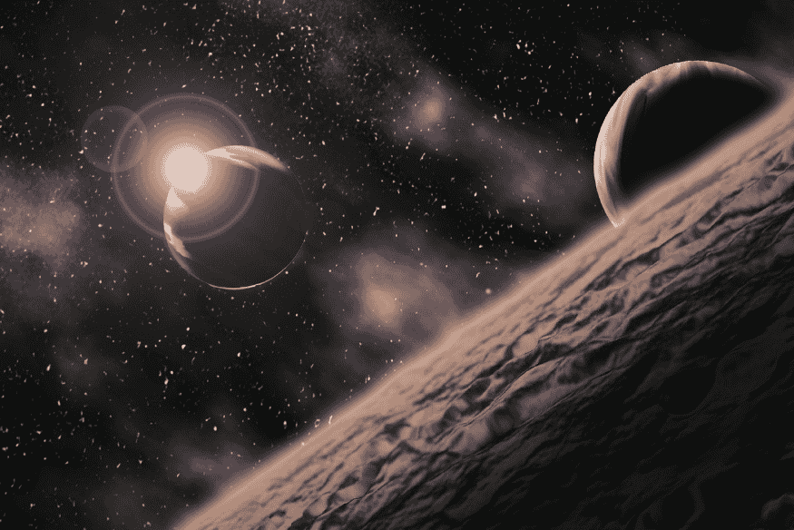 Planetas em ambiente espacial profundo, representação artística de exoplanetas orbitando longe da Terra em sistemas estelares distantes.