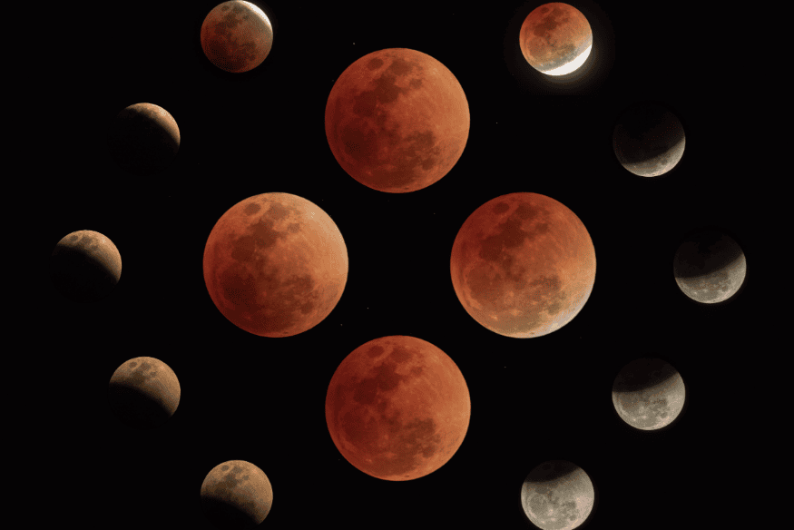 Montagem com Lua avermelhada e várias fases ao redor, comparando diferentes aparências da Lua ao longo do ciclo lunar.