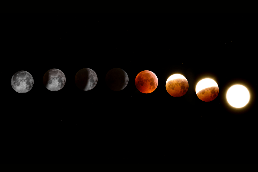 Sequência das fases do eclipse lunar, mostrando a Lua entrando na sombra da Terra, ficando avermelhada e retornando ao brilho normal.