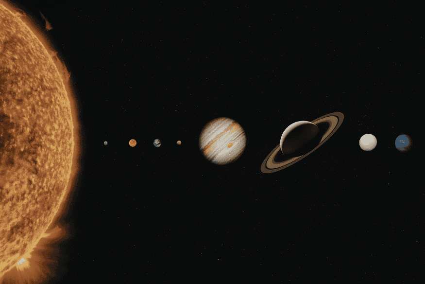 Ilustração do Sistema Solar com o Sol e os planetas alinhados, representando a formação e evolução do Sistema Solar.