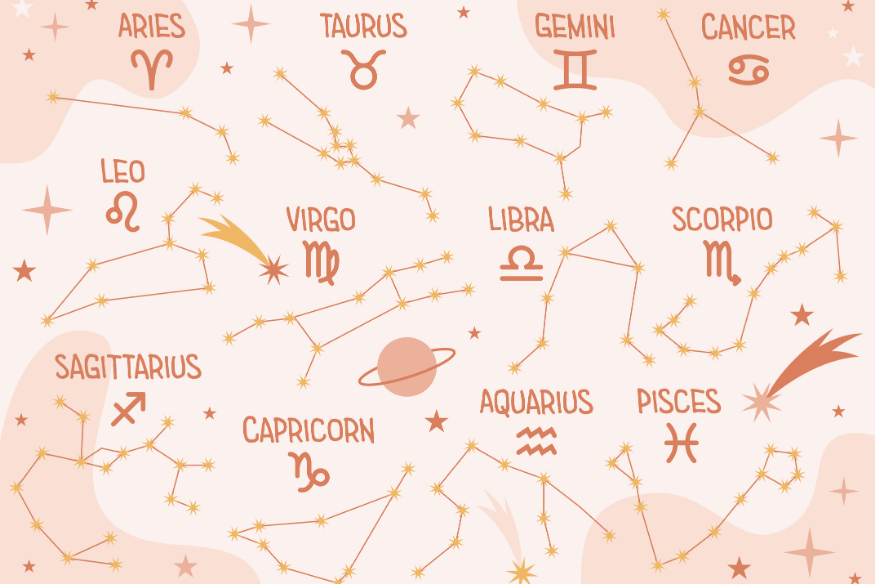 Ilustração com nomes e desenhos de signos e constelações, exemplo visual para explicar a diferença entre astronomia e astrologia.