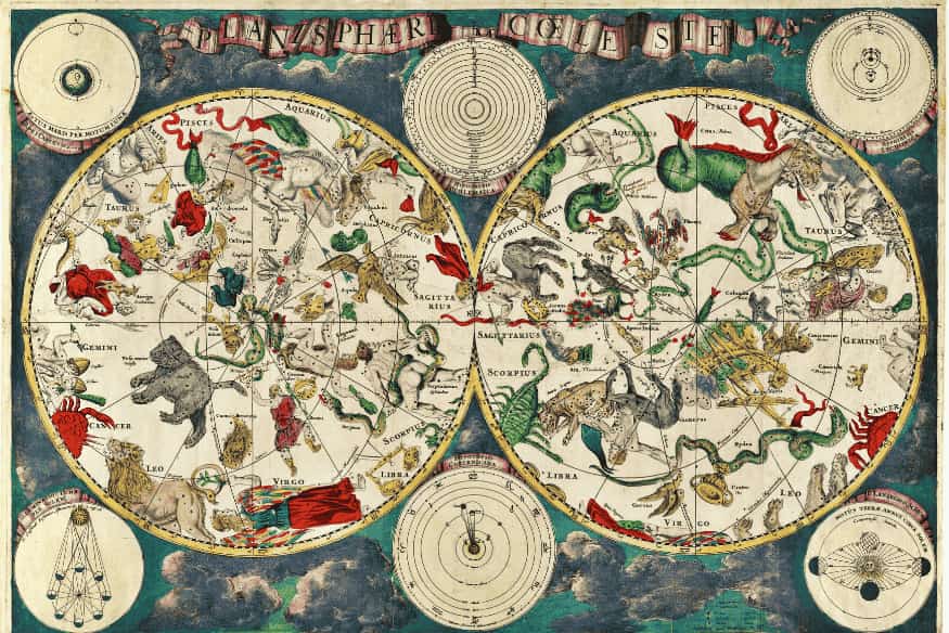 Mapa celeste antigo com ilustrações de constelações, representação clássica usada para localizar estrelas e regiões do céu.