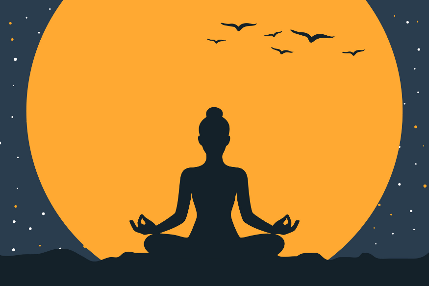 Ilustração de mulher meditando diante da lua cheia, representando o papel da lua nas tradições populares, nos rituais e nas crenças ancestrais.