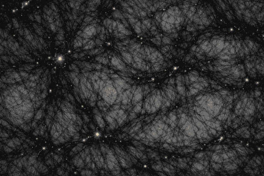 Simulação da distribuição de matéria escura no Universo formando uma teia cósmica que conecta galáxias e estruturas cósmicas.