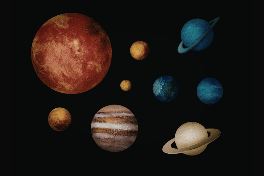 Ilustração com vários planetas do Sistema Solar em fundo preto, destacando diferentes cores, tamanhos e anéis, relacionada às curiosidades sobre os nomes dos planetas.