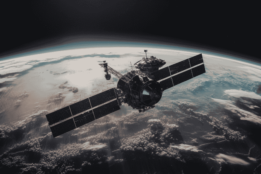 Satélite artificial orbitando a Terra visto do espaço, representação de como funcionam as passagens de satélites observadas do solo.
