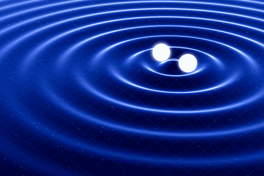 Ilustração de duas estrelas compactas orbitando e gerando ondas no espaço-tempo, exemplo de fonte de ondas gravitacionais.