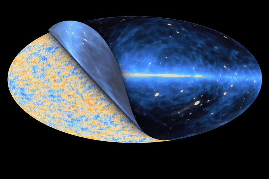 Mapa da radiação cósmica de fundo sobreposto à estrutura do universo, mostrando a ligação entre anisotropias e formação de galáxias.