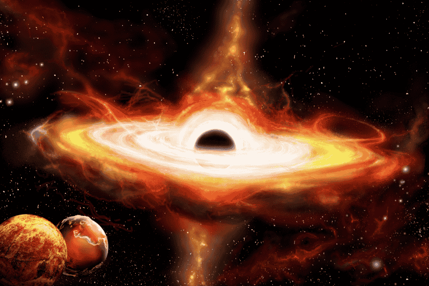 Ilustração artística de quasar com buraco negro supermassivo, disco de acreção incandescente e jatos de energia no núcleo de uma galáxia ativa.