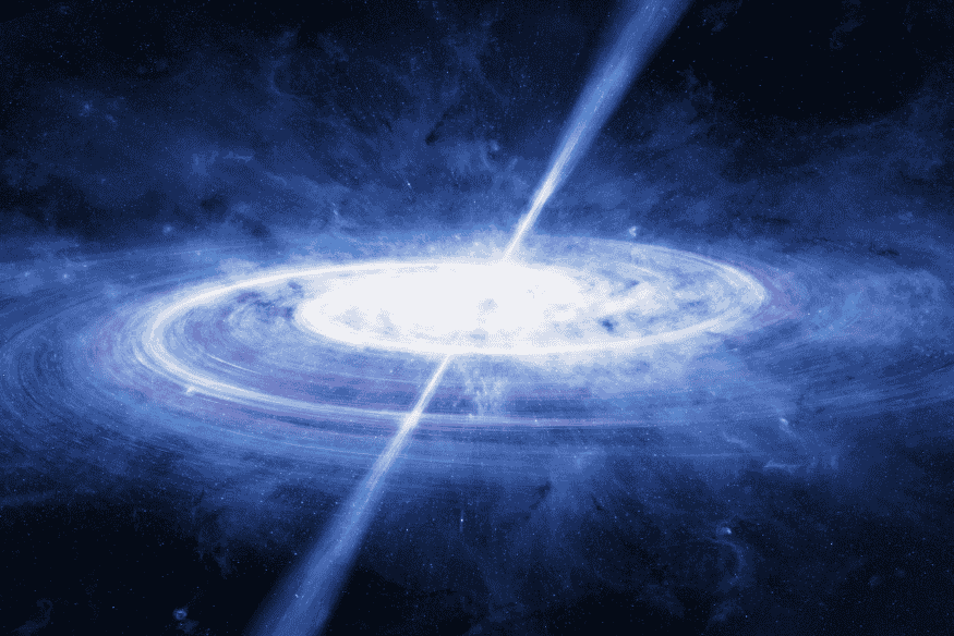 Ilustração de quasar azul com disco de acreção brilhante ao redor de um buraco negro supermassivo e jatos relativísticos emitindo intensa radiação.