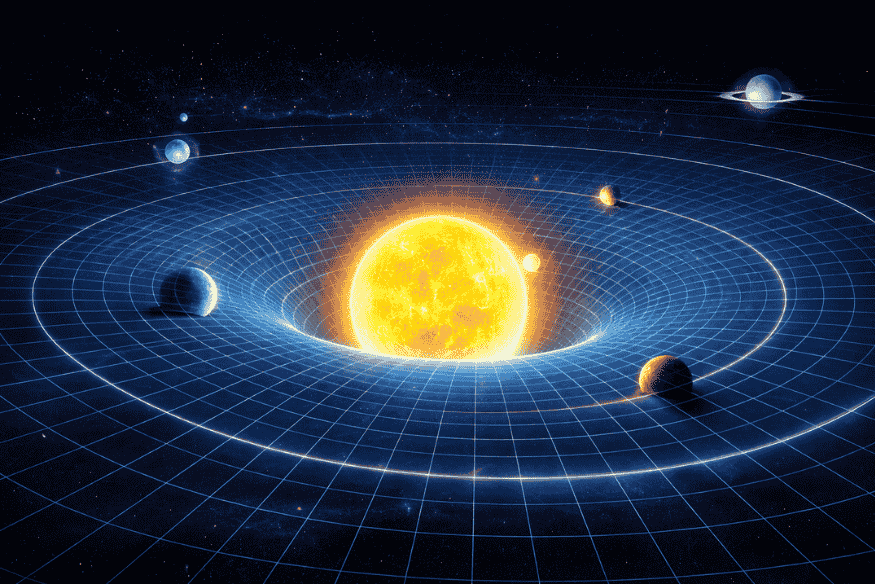 Ilustração da relatividade geral mostrando o Sol curvando o espaço-tempo e os planetas seguindo órbitas em uma malha gravitacional deformada.