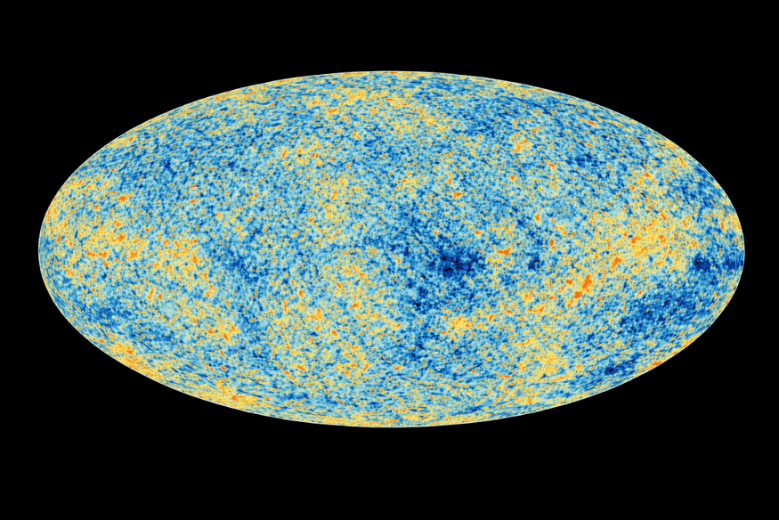 Mapa da radiação cósmica de fundo mostrando pequenas variações de temperatura no universo primitivo.