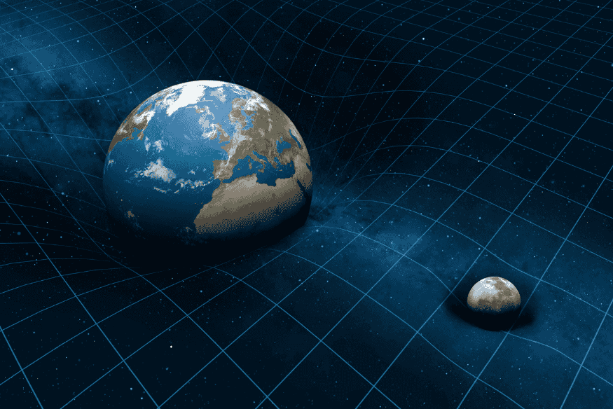 Ilustração da curvatura do espaço-tempo prevista pela relatividade geral, mostrando a Terra deformando uma malha gravitacional ao seu redor.