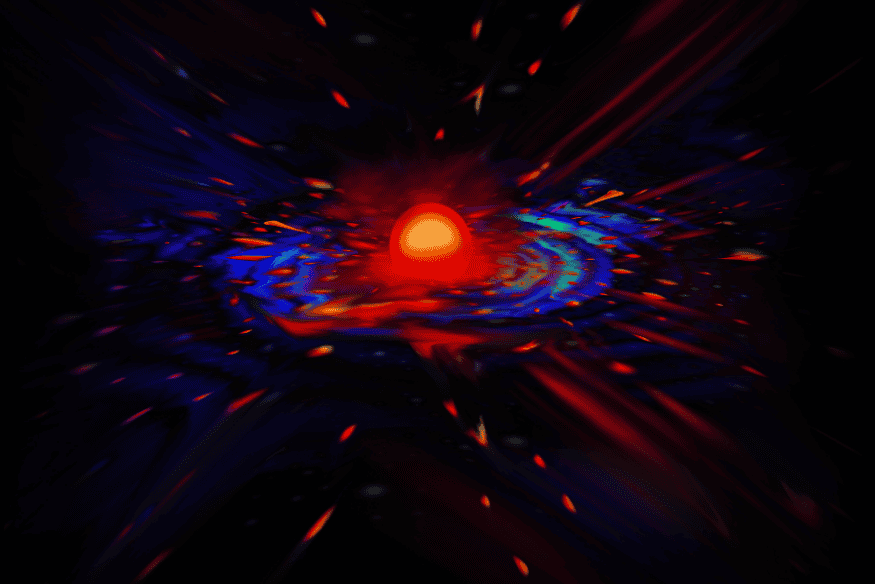 Representação artística do Universo jovem com região brilhante central, ilustrando a formação inicial de matéria e energia após o Big Bang.