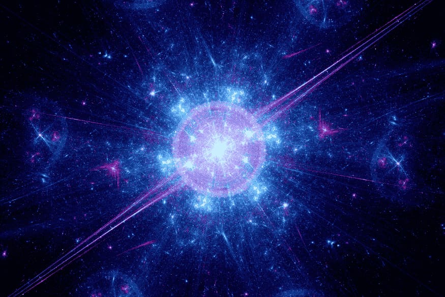 Explosão de luz e energia no espaço, ilustração da expansão inicial associada à teoria do Big Bang e à origem do Universo.