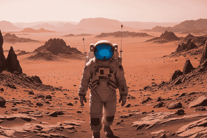 Astronauta explorando a superfície de Marte em cenário desértico, representando missões espaciais na busca por vida extraterrestre.